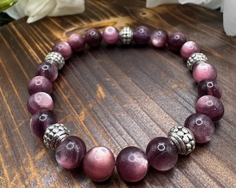 Purple Lepidolite Mica 8 mm Beaded Stretch Bracelet with Silver Tone Accents, Gifts
