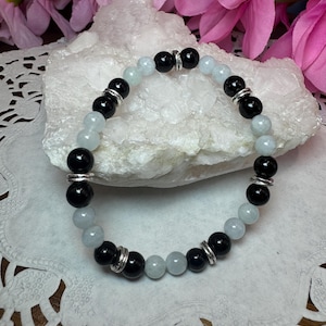 Aquamarine & Black Tourmaline Beaded Bracelet - Gemstone Stretch Bracelet