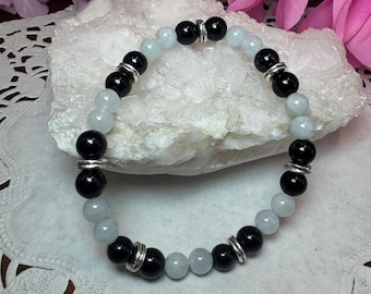 Aquamarine and Black Tourmaline Beaded Bracelet, Gemstone Stretch Bracelet