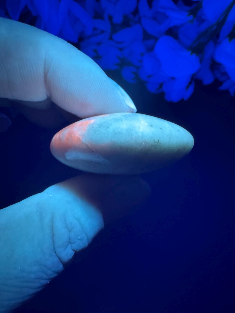 May include: A smooth, oval-shaped stone with a light gray base and orange and white accents. The stone is held between two fingers against a dark blue background, with blue floral shapes in the background.