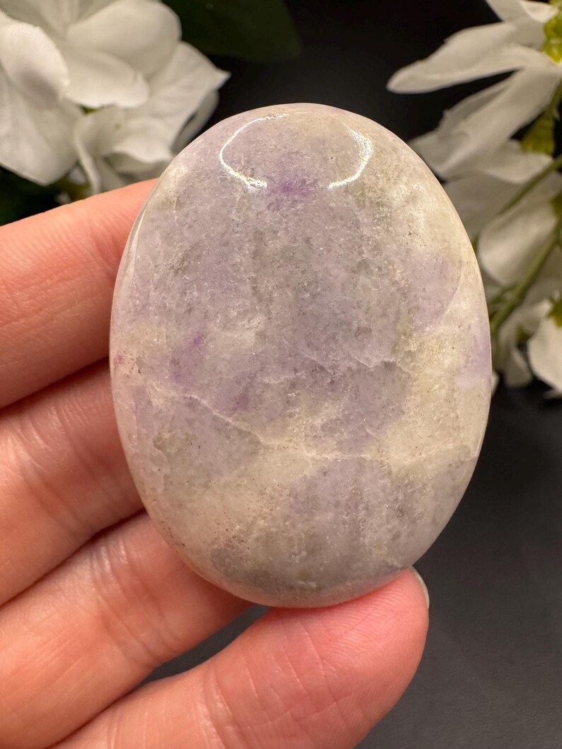 May include: An oval-shaped, polished stone with a blend of lavender, gray, and cream hues. The stone's surface has a smooth, glossy finish, and it is held in a hand. The background features white flowers and a dark surface.