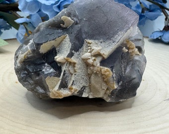 Purple Grey Cubic UV Reactive Fluorite Crystal with Calcite, Cubic Fluorite Specimen, Fluorite Crystals, Gifts