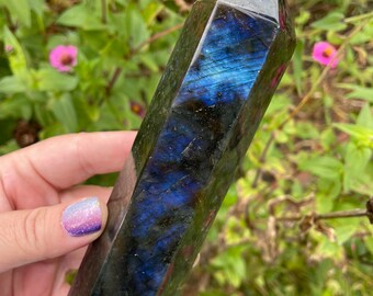 Blue Flashy Labradorite Tower, Natural Labradorite Crystal Point, 6.5” Labradorite Crystal Gemstone Obelisk, Gifts