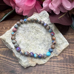 Purple and Icy Blue Sea Sediment Imperial Jasper Bead Bracelets, Round Gemstone Beads, 6MM, Bead Bracelets, Gifts