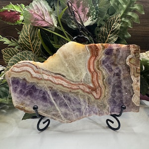 Large Crazy Lace Agate with Amethyst Slab with Stand, Amethyst with Crazy Lace Agate Slice, Amethyst Slab, Crazy Lace Agate Slab, Gifts
