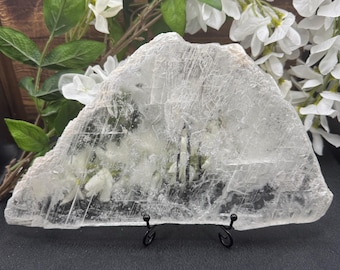 May include: A large, translucent, crystalline slab of selenite, displayed on a black metal stand. The selenite has a rough, textured surface and is lit from behind, creating a glowing effect. White flowers and green leaves are in the background.