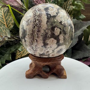 Russian Flower Jasper Sphere with Stand, Green Cherry Blossom Crystal Sphere, Gifts