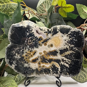 May include: A polished slab of agate stone featuring a complex pattern of black, white, and golden-yellow bands and inclusions. The irregular, organic-shaped mineral specimen is displayed upright on a black metal wire stand for support.