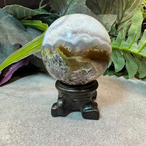 Scenic Moss Agate and Amethyst Crystal Sphere, Chalcedony Inclusion Orb From Indonesia