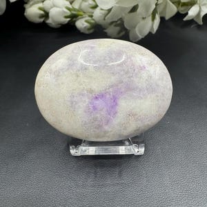 May include: A smooth, oval-shaped stone with a light gray and purple color pattern. The stone is displayed on a clear acrylic stand. White flowers are visible in the background.