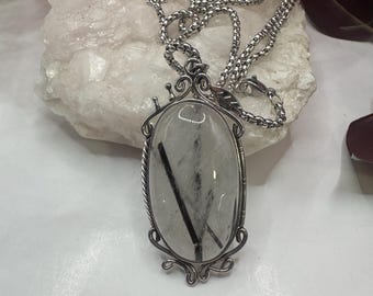 Tourmalated Quartz Oval Shaped Pendant, Black Tourmaline Crystal Necklace, Gifts