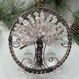 Rose Quartz Crystal Chip Tree of Life Ornament: Wire Suncatcher