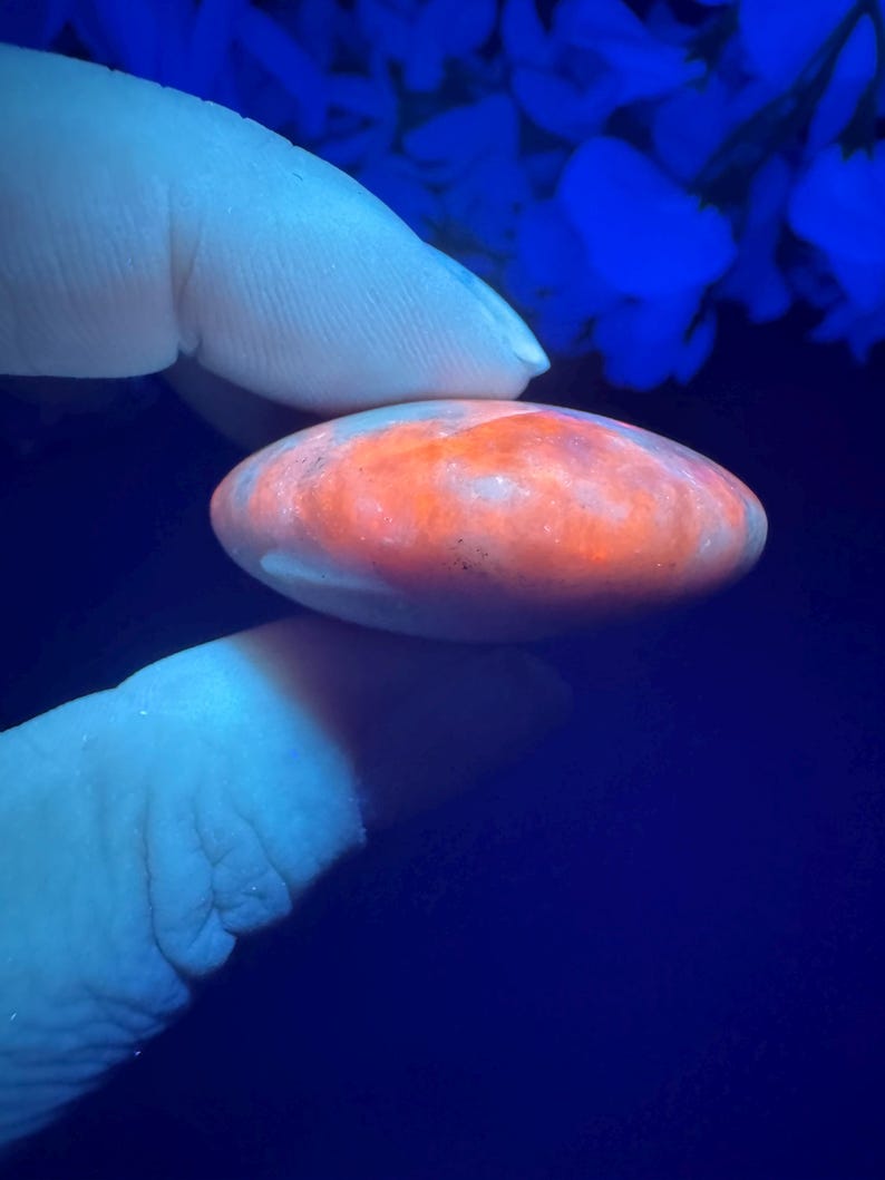 May include: An oval-shaped, polished stone with a vibrant orange and white color gradient. The stone is held between two fingers against a dark blue background, highlighting its smooth texture and natural patterns. The stone's surface appears to have subtle variations in color.