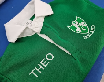 Ireland Clover Embroidery Retro Rugby Shirt | Babies to 13 years | Newborn Gift | Custom Text Embroidery Available | Amazing | UK Made