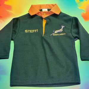 SOUTH AFRICA Retro Rugby Jersey Shirt | 0-3 months Babies to 13 years | SPRINGBOKS Embroidery Logo | Custom Text | Rugby Gift Uk