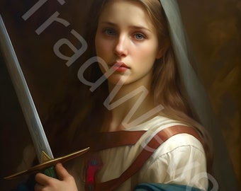 May include: A woman with long brown hair, wearing a white veil and a white shirt with a brown leather strap, holds a silver sword with a green handle. She has a serious expression on her face.