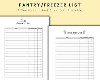 Vorratskammer, Gefrierinventarliste, A4 und US Letter Größe, Sofortiger Download PDF, Drucken zu Hause, 2 Versionen, Küchenliste