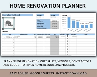 Project Planner for Home, Renovation Budget, Remodel Planner, Google sheets, Instant download