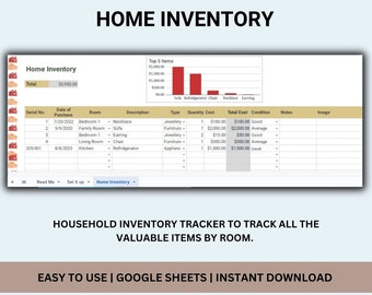 Inventory Tracker for Home, Home Inventory Log, Homeowners gift, Google Sheets template for household inventory list