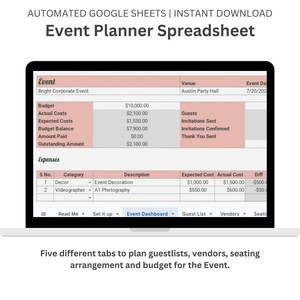 Digital Event Planner, Party Planner, Event Budget template ,Google Sheets