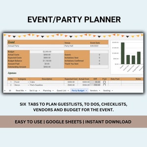 May include: A Google Sheets spreadsheet template for planning an event or party. The spreadsheet includes tabs for guest lists, to-dos, checklists, vendors, and a budget. The template is easy to use and includes a bar graph showing budget amounts.