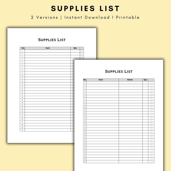 Supply List, Inventory Log, Supplies List Printable,A4 and US Letter Size,Instant Download, Print at home, Supply list any kind, 2 versions