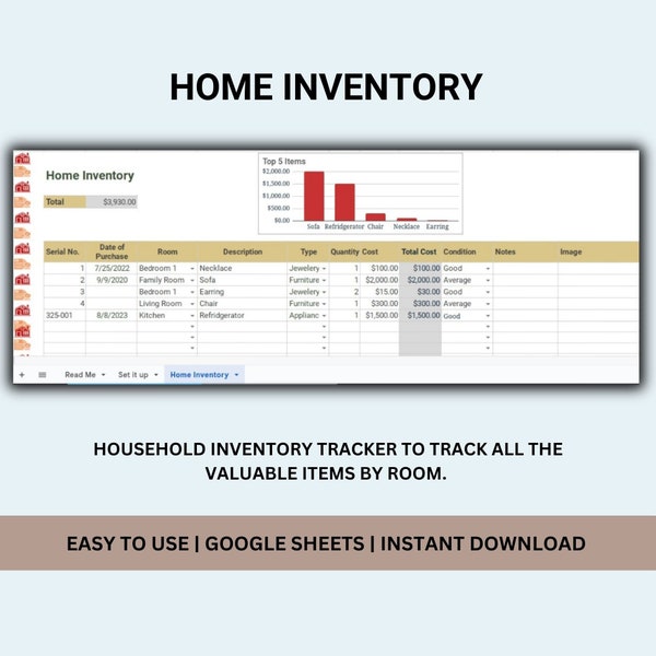 Home Inventory, Inventory Tracker, Google Sheets template for household inventory list