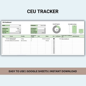 以下が含まれることがあります： 「CEU Tracker」というタイトルの、継続教育単位（CEU）を追跡するための緑と白のスプレッドシートテンプレートです。スプレッドシートには、日付、コース、プロバイダー、CE時間またはクレジット、費用、ステータス、証明書番号、コースリンク、メモ/コメントの列が含まれています。スプレッドシートには、進捗状況バーと、完了したCEUと計画されたCEUの数を示すグラフも含まれています。