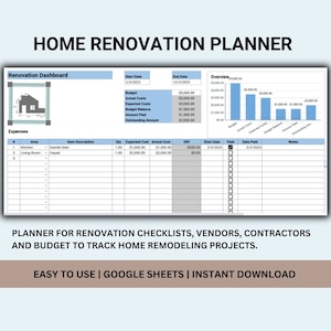 Planificateur de projet pour la maison, Budget de rénovation, Planificateur de remodelage, Feuilles Google, Téléchargement instantané
