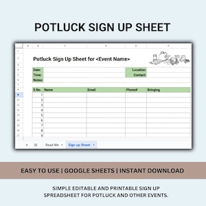 Op de afbeelding: Een groene en witte printbare potluck-aanmeldingsformulier met kolommen voor naam, e-mail, telefoonnummer en wat ze meenemen. Het formulier heeft een titel die "Potluck Sign Up Sheet for <Event Name>" luidt en een sectie voor notities, datum, tijd, locatie en contactgegevens.