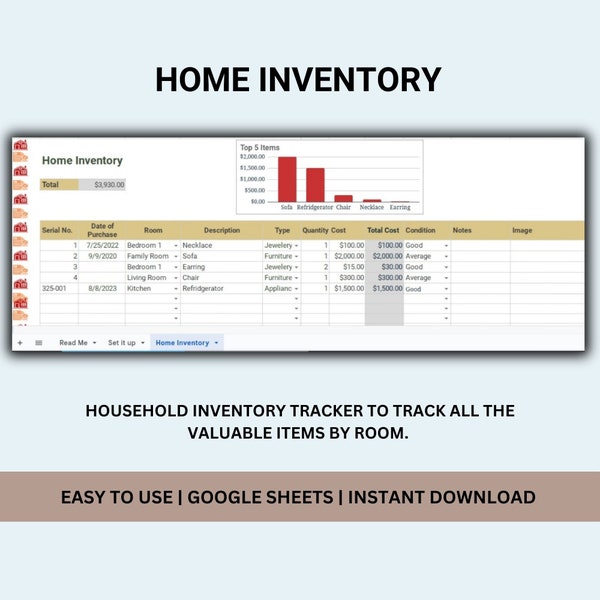 Inventory Tracker for Home, Home Inventory Log, Homeowners gift, Google Sheets template for household inventory list