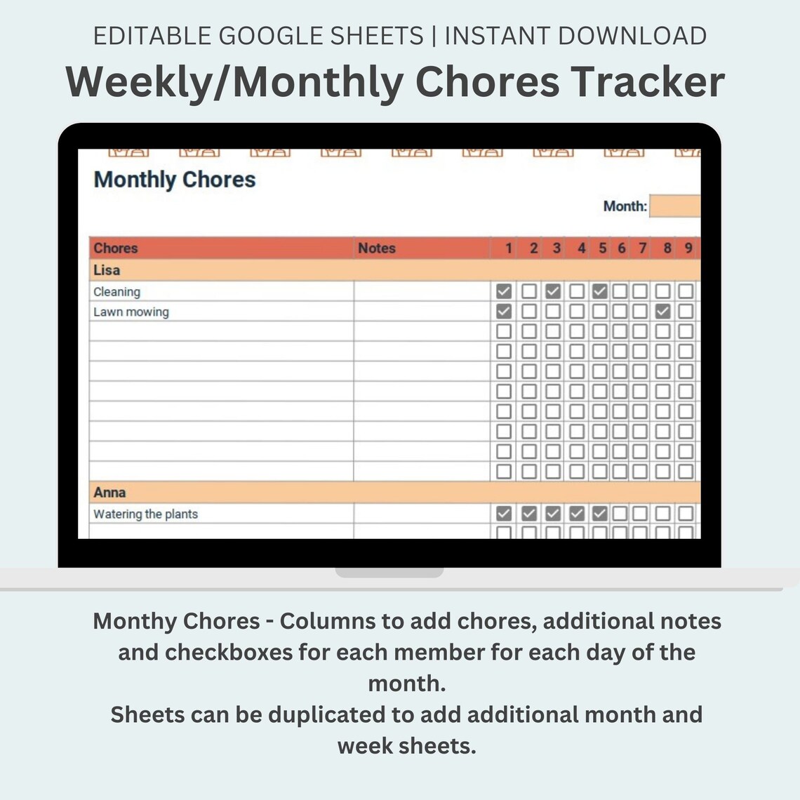 Chore Chart for Kids, Family Chore List, Weekly Chores, Monthly Chores ...