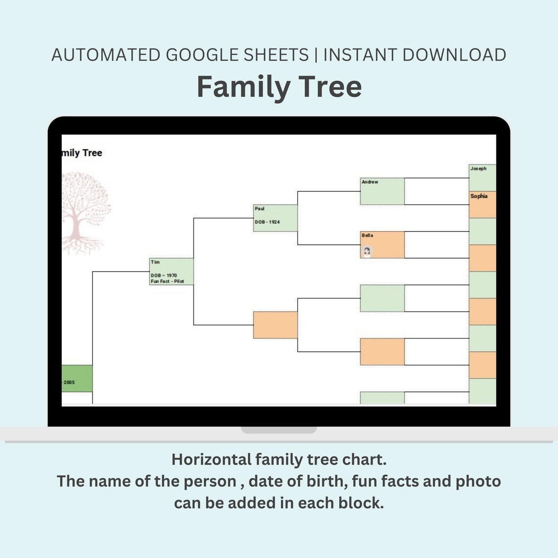 Family Tree Chart, Family Tree Template, Google Sheets, Printable Family Tree Chart, Family Tree Template, Google Sheets, Printable