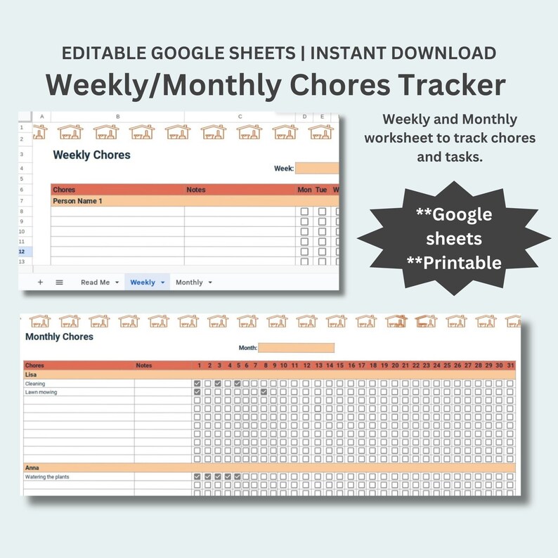 Chore Chart for Kids, Family Chore List, Weekly Chores, Monthly Chores ...