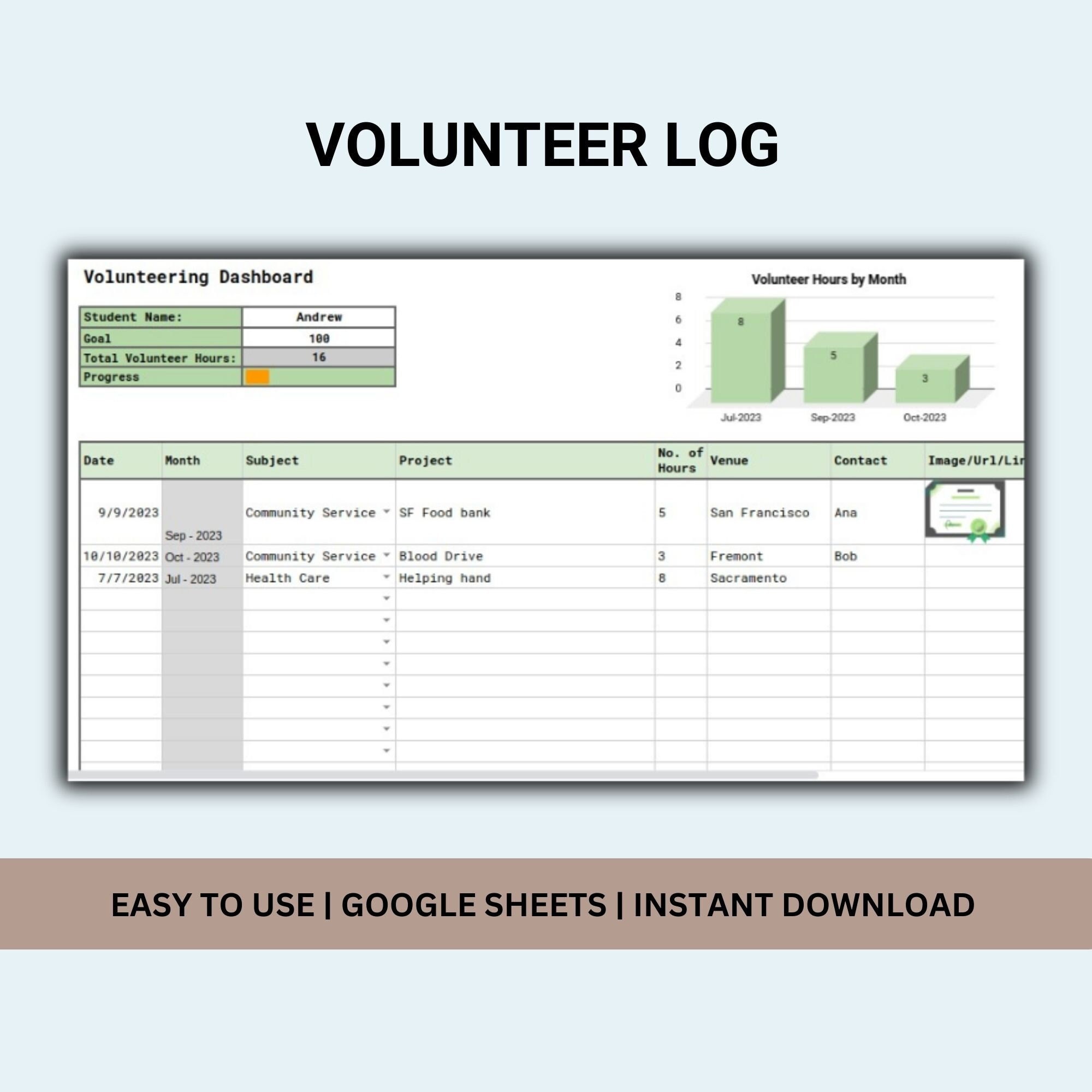Volunteer Log, Sign up Spreadsheet, Volunteering Planner, Record Hours Volunteer Log, Sign up Spreadsheet, Volunteering Planner, Record Hours