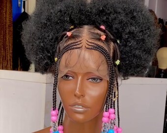 High-Quality Full Lace Afro Braided Wig – Short Hair Blend Braids with Beads, Black Ponytail Bun Wig for Teens and Adults, Protective Style