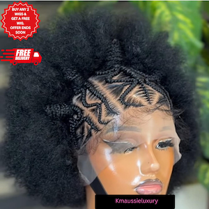 May include: A black afro wig with intricate braided patterns at the front. The wig features a natural-looking hairline and a full, voluminous afro. The image includes text that says "BUY ANY 2 WIGS & GET A FREE WIG. OFFER ENDS SOON" and "FREE DELIVERY".