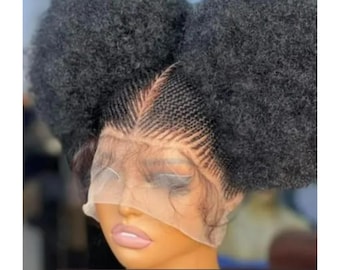 Full Lace Afro Bun Braided Wig – Short Cornrow Updo Wig for Black Women, Tiny Braids with Afro Puff, Quality Moon Style Braids Wig Gift Idea