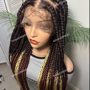 30” Colored Knotless Box Braid Wig – Full Lace 360 Wig for Dark Women, Waist-Length Large Braids Wig , Lightweight Goddess Braids  Wig Gift