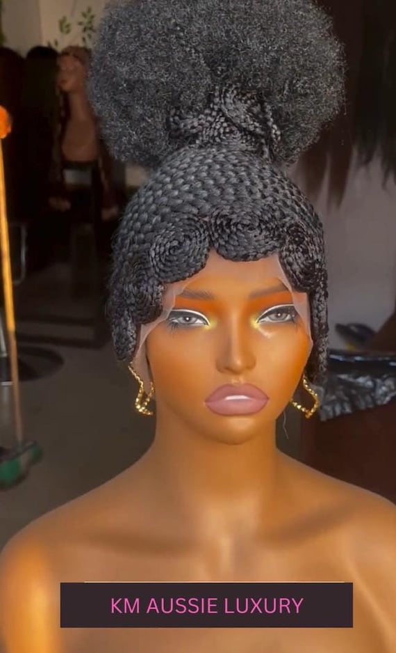 Full Lace Koroba Braids Wig, Short Afro Bun Updo Braided Wig for