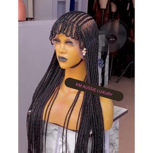Black Ghana Weaving Braided Wig – Full Lace Long Cornrow Wig with Fringe, Lace Front Braids Wig with Bangs, Braided Black Women Wig Gift