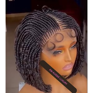 Short Cornrow Bob Braided Wig – Frontal Nano Braids Wig with Baby Hair, Human Hair Feed-In Side Part Wig for Women, Ghana Weaving Gift Idea