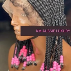 Full Lace Feed-in Cornrow Braided Wig with Beads – Affordable Synthetic Ghana Weaving, Lightweight & Realistic Short Braids Dark Lady Wig