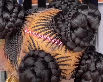 5-Part Bantu Knot Updo Braided Wig – Full Lace Cornrow Wig with Small Short Braids Wrapped in Bun, Chuku Updo Style Wig for Black Women