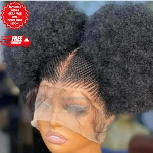 Full Moon Lace Front Afro Braided Wig, Beaded Short Box Braids, African Ponytail Bun