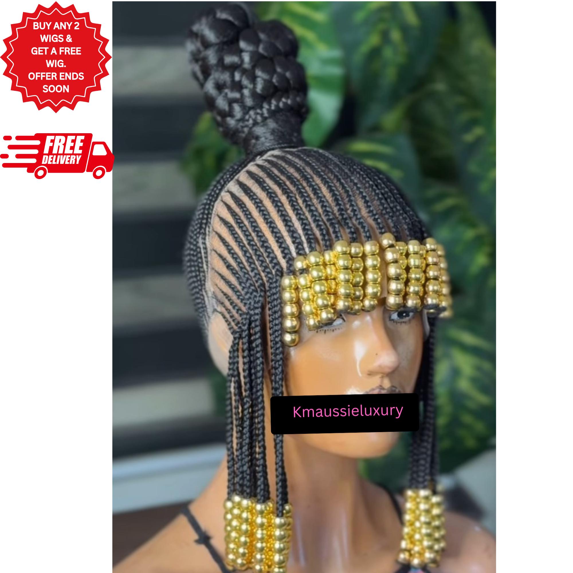 Beaded Fringe Cornrow Braided Wigs Full Lace Front Ghana Weaving Braids with Bangs