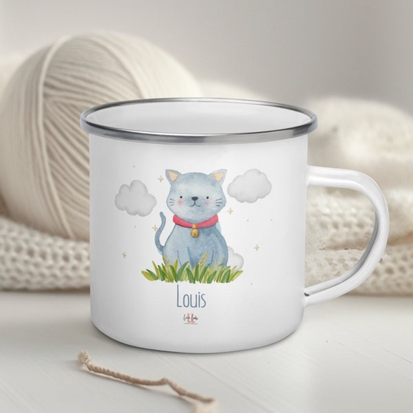 Personalisierbarer Emaille-Becher für Kinder mit Tiermotiv in Aquarell, Ideales Geburtstagsgeschenk oder für Heiße Schokolade, Bunte Tasse