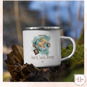 Mug émaillé blanc voyageur thème voyage passion randonnée cadeau d'explorateur globe-trotter tasse pour aventurier souvenir de voyage