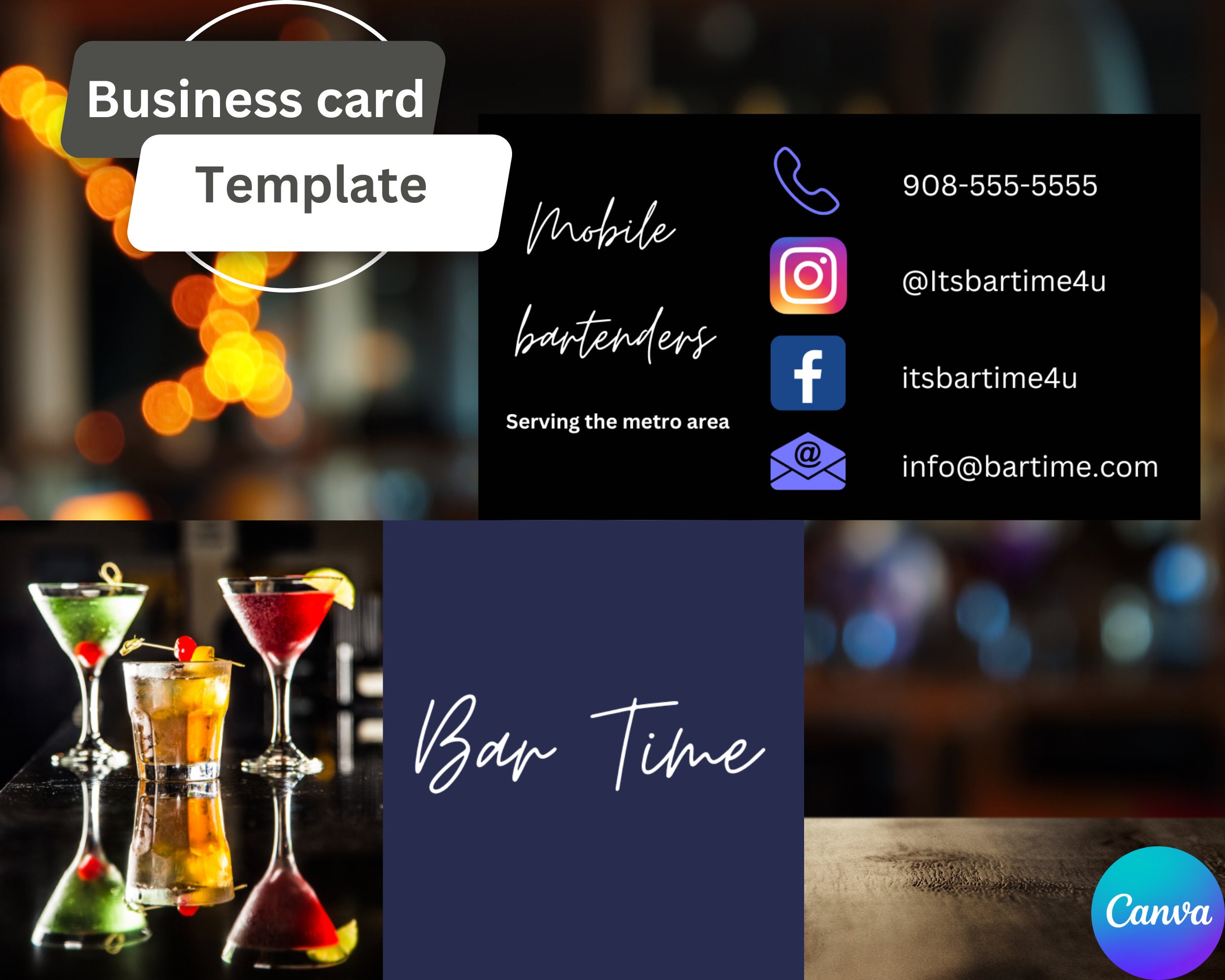 Marketing Tool.editable Bartender Business Card Front and Back Card