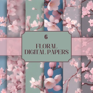 Seamless Sakura Digital Patterns, Six Cherry Blossom Scrapbook Paper Files, Instant Download and Printable Patterns